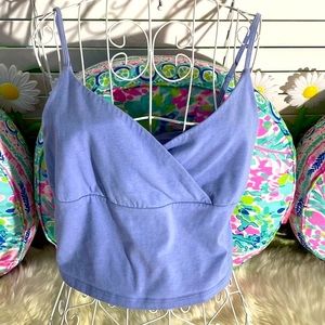 SO blue top with surplice wrap look bust